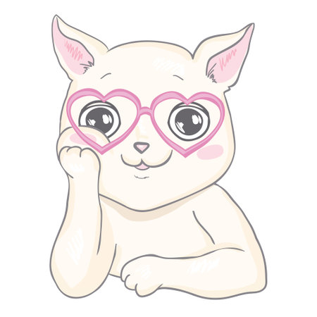 Vector cute cat illustration. Hand drawn Stylish kitten art. Doodle Kitty in glasses. Cartoon animal isolated on white. Funny character. Ideal for cards, posters, kids print.のイラスト素材
