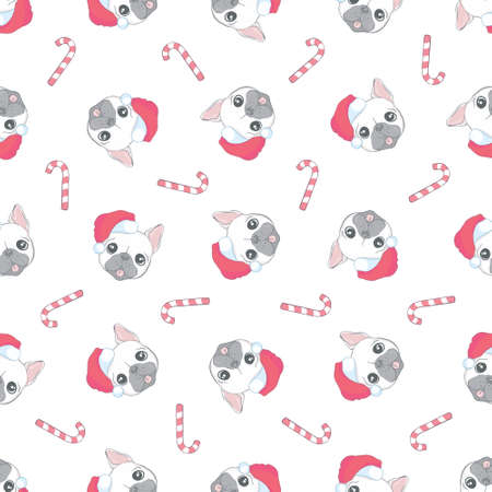 Dog seamless pattern Christmas vector french bulldog Santa Claus Xmas hat candy cane scarf cartoon illustration isolated tile background repeat wallpaperのイラスト素材
