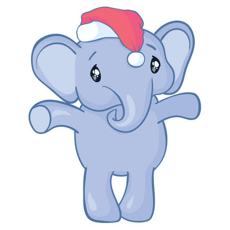 Funny cartoon elephant Santa Claus celebrates Christmas with a red Santa Claus hat on his head, isolated on a white backgroundのイラスト素材