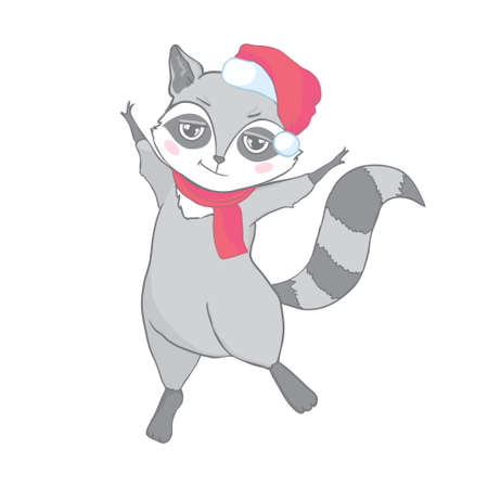 The christmas poster with the image raccoon portrait in Santa's hat. Hand draw vector illustration.のイラスト素材
