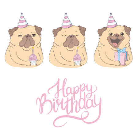 Cute birthday card with a funny puppy. Loving pug and gifts. Vector illustration.のイラスト素材