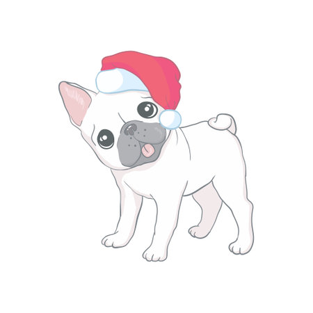 Christmas card. Poster of portrait bulldog in a Santa's hat. Vector illustration.のイラスト素材