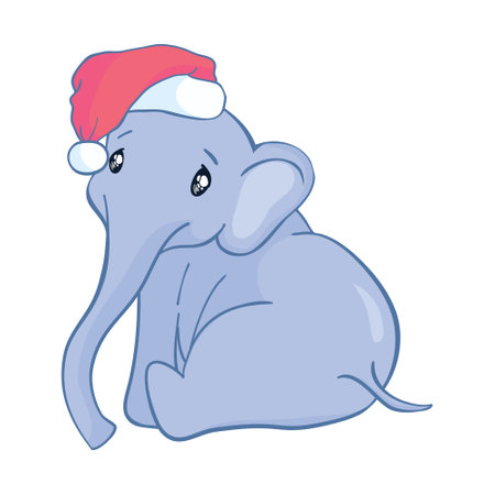 Funny cartoon elephant Santa Claus celebrates Christmas with a red Santa Claus hat on his head, isolated on a white backgroundのイラスト素材
