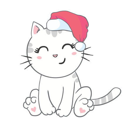 Cute kitten in a santa hat. Funny cat. Christmas illustration can be used for greeting cards, coloring books and stationery.のイラスト素材