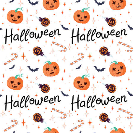 Vector Halloween seamless pattern. Design elements for halloween party poster. Flat cartoon illustration. Objects isolated on a white background.のイラスト素材