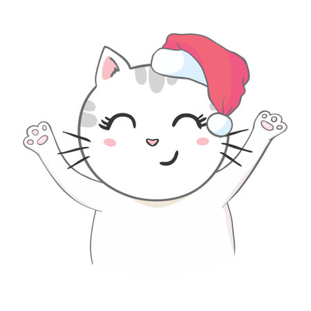 Cute kitten in a santa hat. Funny cat. Christmas illustration can be used for greeting cards, coloring books and stationery.のイラスト素材