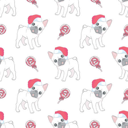 Dog seamless pattern Christmas vector french bulldog Santa Claus Xmas hat candy cane scarf cartoon illustration isolated tile background repeat wallpaperのイラスト素材