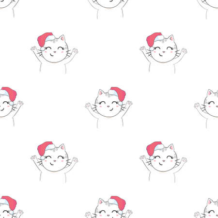 Christmas seamless pattern with the image of little cute kittens in the hat of Santa Claus. Children's vector background.のイラスト素材