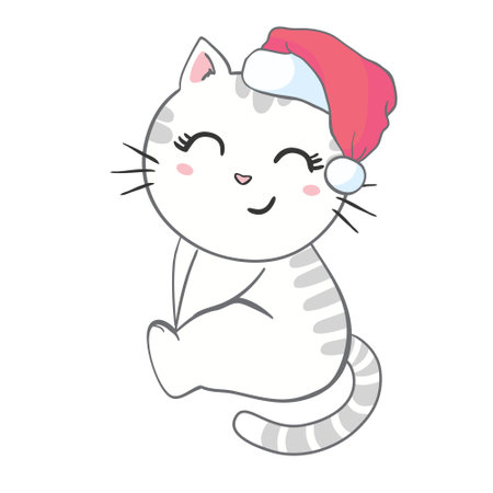 Cute kitten in a santa hat. Funny cat. Christmas illustration can be used for greeting cards, coloring books and stationery.のイラスト素材