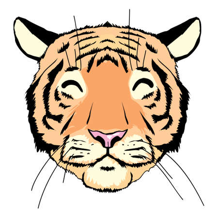 Tiger head. Cartoon front face of aggressive king of beasts, symbols of hunting trophy, vector illustration of majestic jungle animal isolated on white backgroundのイラスト素材
