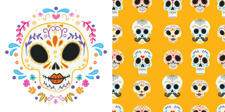 Day of the dead set for the day of the dead illustration and seamless patterns with skulls, tombstones, tequila, flowers and candles for Dia de los mueros and Halloween. Vectorのイラスト素材