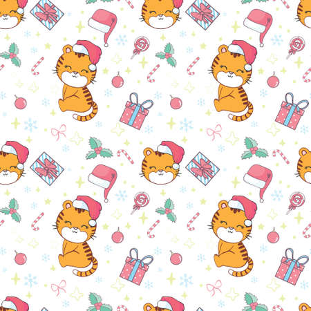 Tiger with a New Year's hat. Christmas seamless pattern. Vector, illustrationのイラスト素材