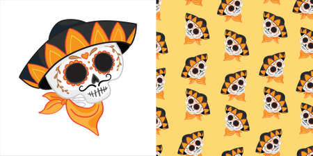 Day of the dead set for the day of the dead illustration and seamless patterns with skulls, tombstones, tequila, flowers and candles for Dia de los mueros and Halloween. Vectorのイラスト素材