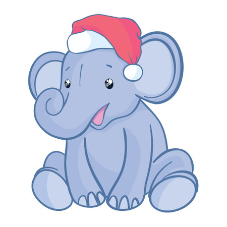 Funny cartoon elephant Santa Claus celebrates Christmas with a red Santa Claus hat on his head, isolated on a white backgroundのイラスト素材
