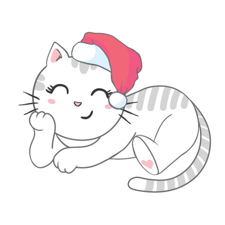 Cute kitten in a santa hat. Funny cat. Christmas illustration can be used for greeting cards, coloring books and stationery.のイラスト素材