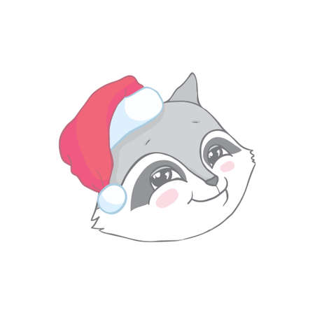 The christmas poster with the image raccoon portrait in Santa's hat. Hand draw vector illustration.のイラスト素材