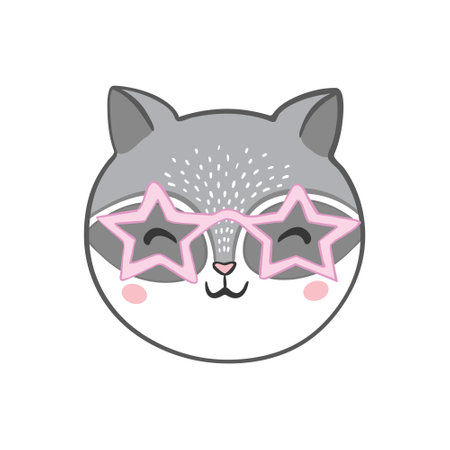 funny cute vector illustration of a raccoon wearing eyeglasses. For kids, t-shirt, poster, print designのイラスト素材