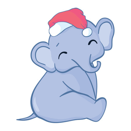 Funny cartoon elephant Santa Claus celebrates Christmas with a red Santa Claus hat on his head, isolated on a white backgroundのイラスト素材
