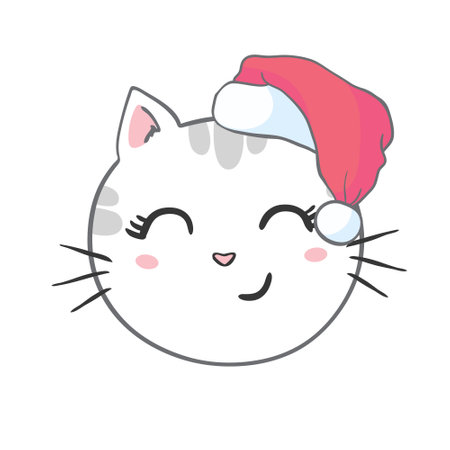 Cute kitten in a santa hat. Funny cat. Christmas illustration can be used for greeting cards, coloring books and stationery.のイラスト素材