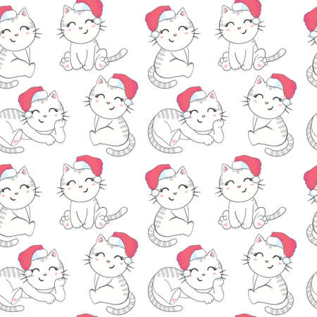 Christmas seamless pattern with the image of little cute kittens in the hat of Santa Claus. Children's vector background.のイラスト素材