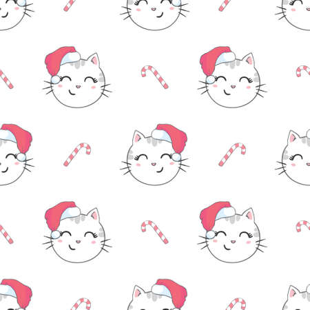 Christmas seamless pattern with the image of little cute kittens in the hat of Santa Claus. Children's vector background.のイラスト素材