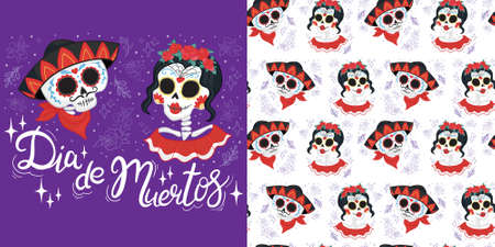 Day of the dead set for the day of the dead illustration and seamless patterns with skulls, tombstones, tequila, flowers and candles for Dia de los mueros and Halloween. Vectorのイラスト素材