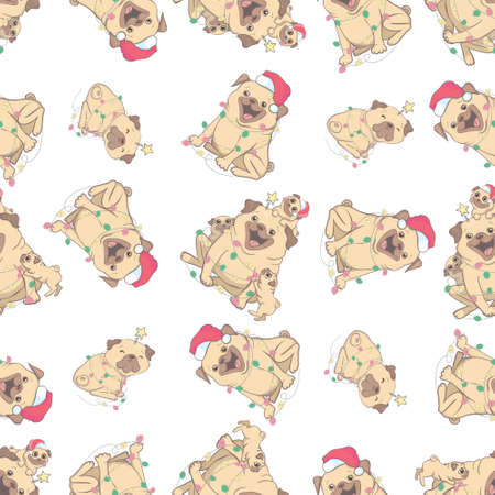 Christmas seamless pattern with the image of little cute puppies in the hat of Santa Claus. Children's vector background.の写真素材
