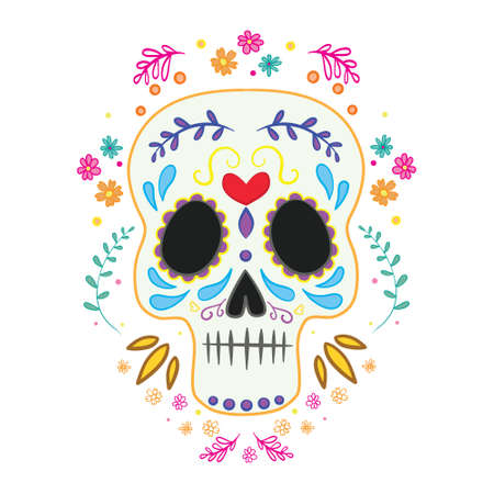 Vector skull on a white background. Day of the dead. Halloween poster background, greeting card or t-shirt designのイラスト素材