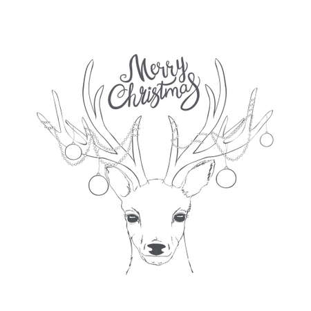 Deer with Christmas balls on the horns. Christmas card with a deer and letters. Cute winter poster, Christmas card, banner, sticker, gift tagのイラスト素材