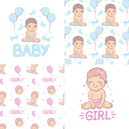 A set of ready-made designs for newborns. This is a boy. It's a girl. Vector illustration. Set of postcards and backgrounds.のイラスト素材