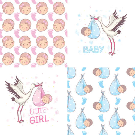 A set of ready-made designs for newborns. This is a boy. It's a girl. Vector illustration. Set of postcards and backgrounds.のイラスト素材