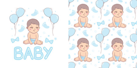 A set of ready-made designs for newborns. This is a boy. It's a girl. Vector illustration. Set of postcards and backgrounds.のイラスト素材