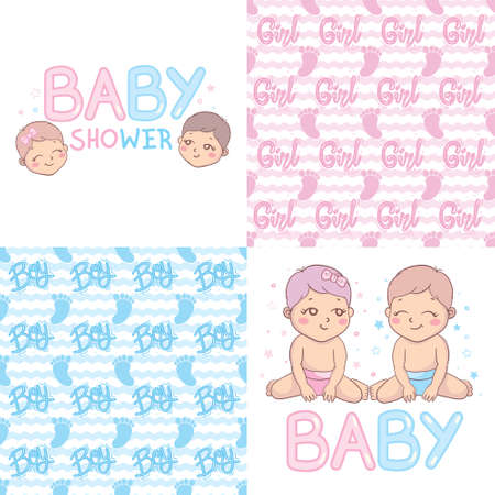 A set of ready-made designs for newborns. This is a boy. It's a girl. Vector illustration. Set of postcards and backgrounds.のイラスト素材