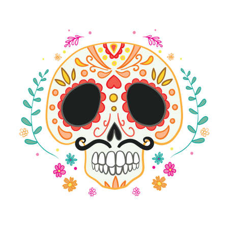 Vector skull on a white background. Day of the dead. Halloween poster background, greeting card or t-shirt designのイラスト素材