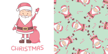 Set Christmas bright and cute patterns. Cute Santa Claus for Christmas and New Year greeting design. Vector illustration.のイラスト素材