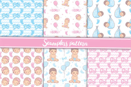 A set of ready-made designs for newborns. This is a boy. It's a girl. Vector illustration. Set of postcards and backgrounds.のイラスト素材