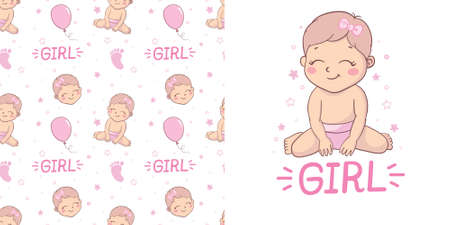 A set of ready-made designs for newborns. This is a boy. It's a girl. Vector illustration. Set of postcards and backgrounds.のイラスト素材