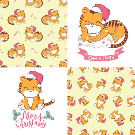 Vector pretty tiger - santa claus with a red hat. Happy New Year.のイラスト素材