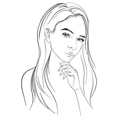 Sketch girl, profile, vector illustration. A beautiful young woman. A stylish lady. The model.のイラスト素材