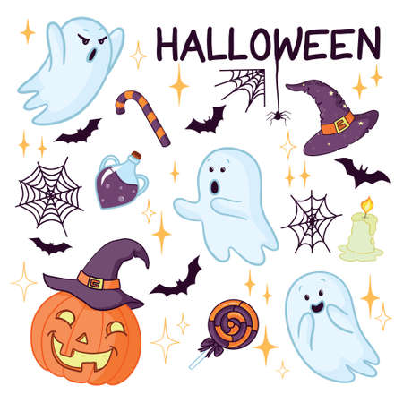 Set vector illustration of quirky fun retro Halloween trick or treat design elements, such as pumpkins and more. Perfect for invitations, children's design and packaging.のイラスト素材