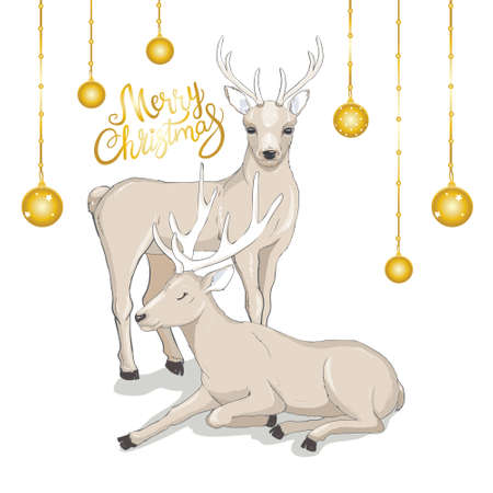 Deer with Christmas balls on the horns. Christmas card with a deer and letters. Cute winter poster, Christmas card, banner, sticker, gift tagのイラスト素材