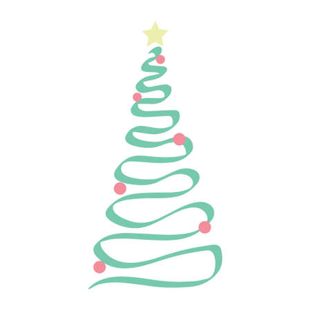 Decorated christmas tree with star, lights, decoration balls and lamps. Merry Christmas and a happy new year. Flat style vector illustration.のイラスト素材