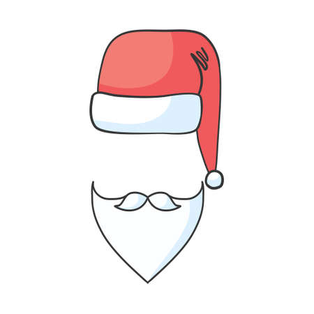 Red vector Santa's hat, beard and mustaches isolated on blue background. Vector, illustrationのイラスト素材