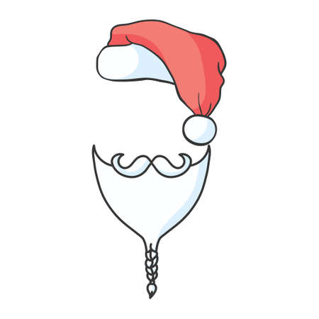 Red vector Santa's hat, beard and mustaches isolated on blue background. Vector, illustrationのイラスト素材