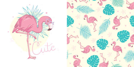Set of vector wallpapers set of seamless patterns with images of flamingosのイラスト素材