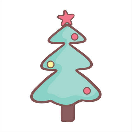 Decorated christmas tree with star, lights, decoration balls and lamps. Merry Christmas and a happy new year. Flat style vector illustration.のイラスト素材