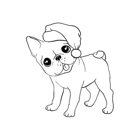 Vector illustration of christmas dog, Merry Christmas. bulldog in Santa's hat sketch. Linear art in vintage style for your design.のイラスト素材