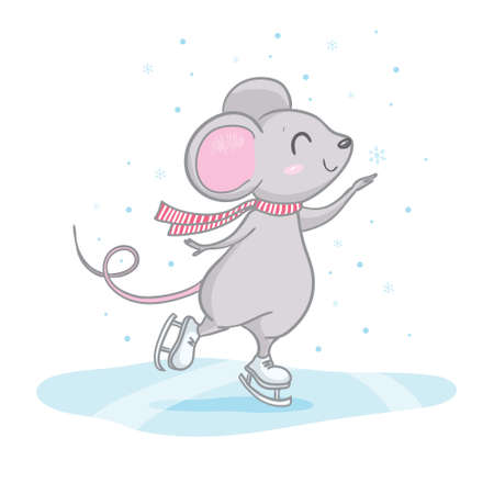 Cute Little Mouse is skating. Wild rat. Freehand drawn silhouette small mouse. New Year card, t-shirt composition.のイラスト素材