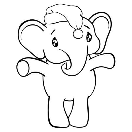 Hand drawn vector illustration of a cute funny elephant in a Santa hat, Merry Christmas. Isolated objects on white background, style flat design, invite, sketchのイラスト素材