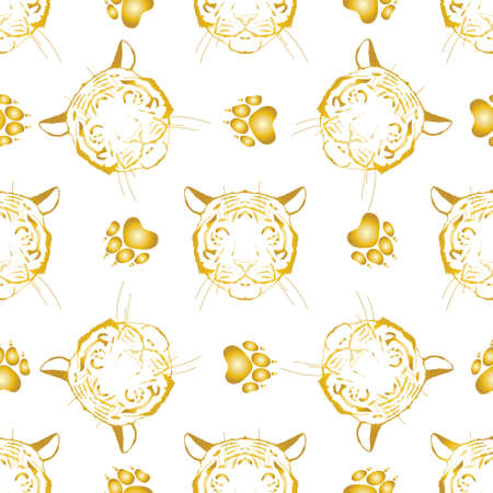 Hand-drawn vector abstract creative seamless pattern with tiger face, gold foil texture isolated on a white background. Design for fashion fabric, decoration, packaging, businessのイラスト素材